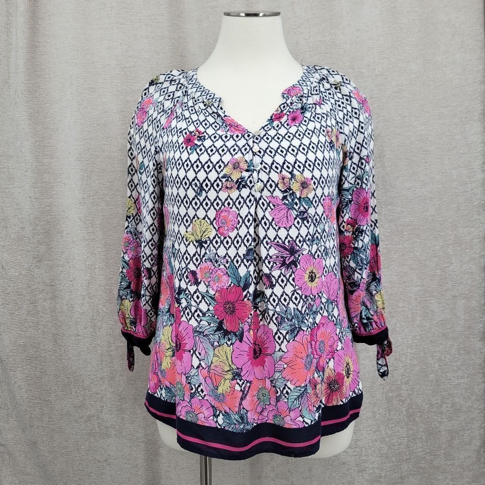 Fig and Flower Floral Women's Top Blouse Pink and Navy Blue